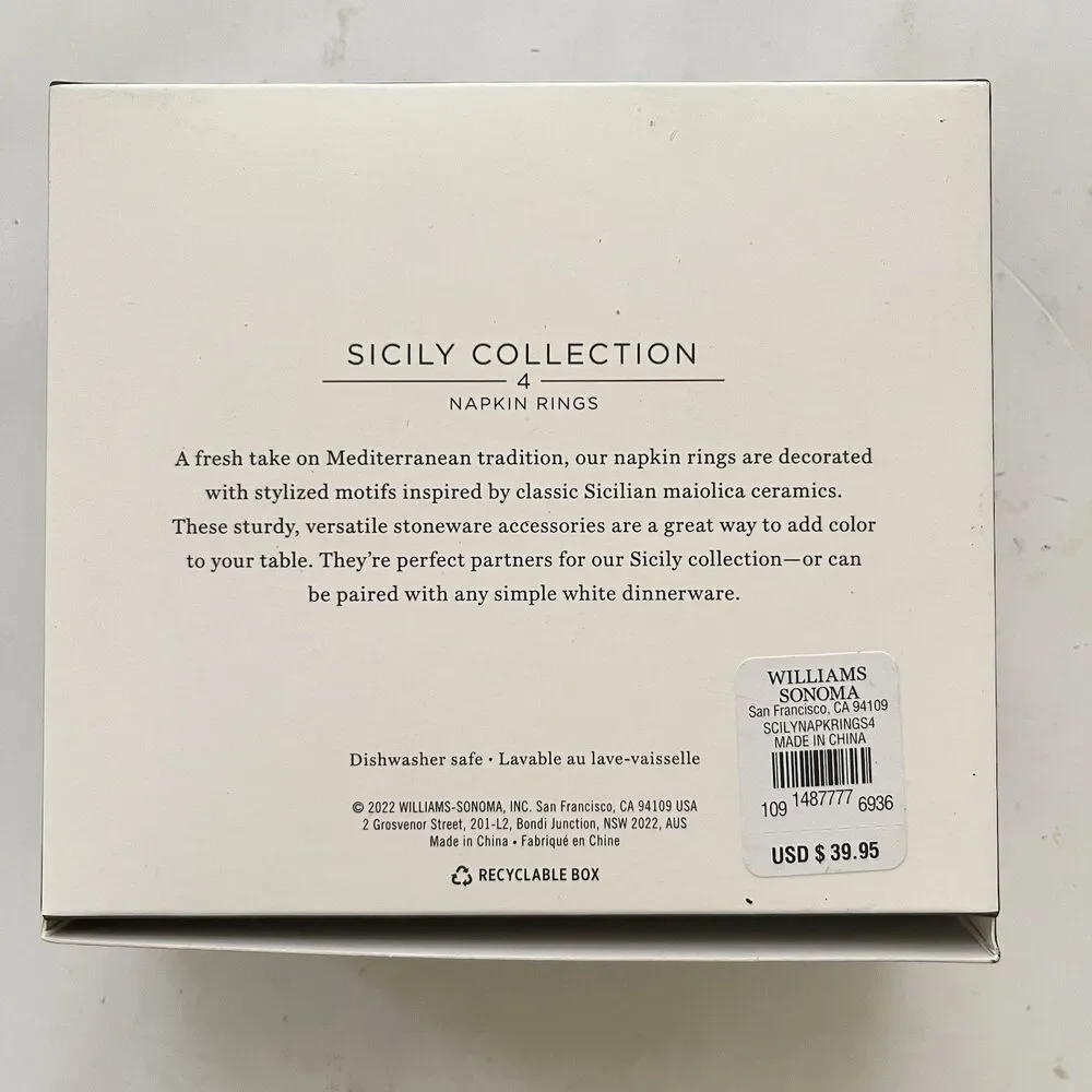 Williams Sonoma Sicily Napkin Rings Set of 4 Blue Ceramic New Box
